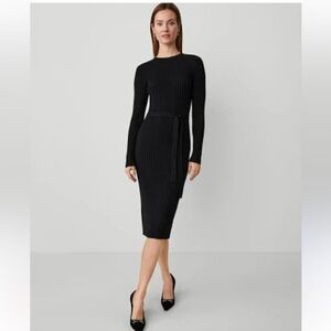 New Ann Taylor soft stretchy Elegant Black Ribbed Knit belted Dress sz small p